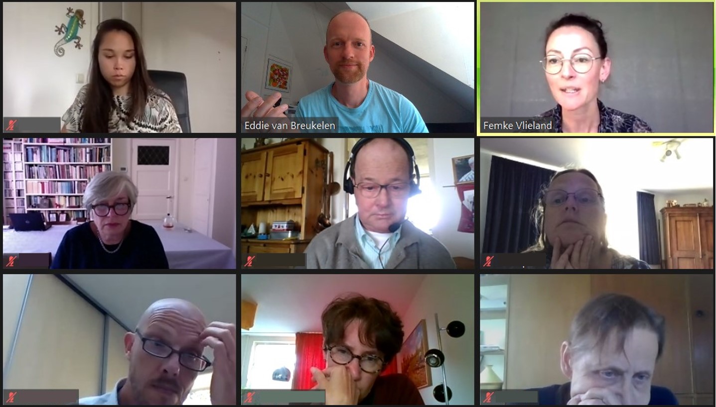 Het Beterschappen-team in een Zoom-vergadering — 9 mensen in beeld
