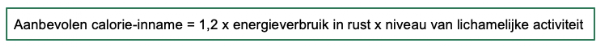 Aanbevolen calorie-inname = 1,2 x energieverbruik in rust x niveau van lichamelijke activiteit