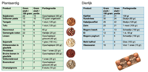 Tabel: eiwitwaarde per product — plantaardig (sojabonen, peulvruchten, noten) en dierlijk (kipfilet, vis, eieren), met gram eiwit per 100 gram en per portie